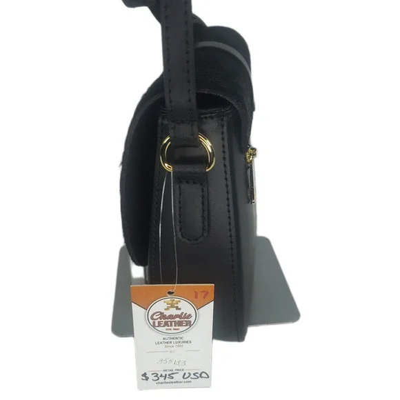 Charlie Leather Mack Black Leather & Black Fur Small Half Moon Crossbody Bag-NWT - Picture 5 of 12